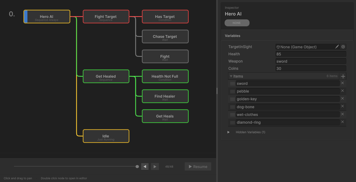 ClosureBT visual debugger showing a behavior tree with live node status, variable inspector, and step through playback controls
